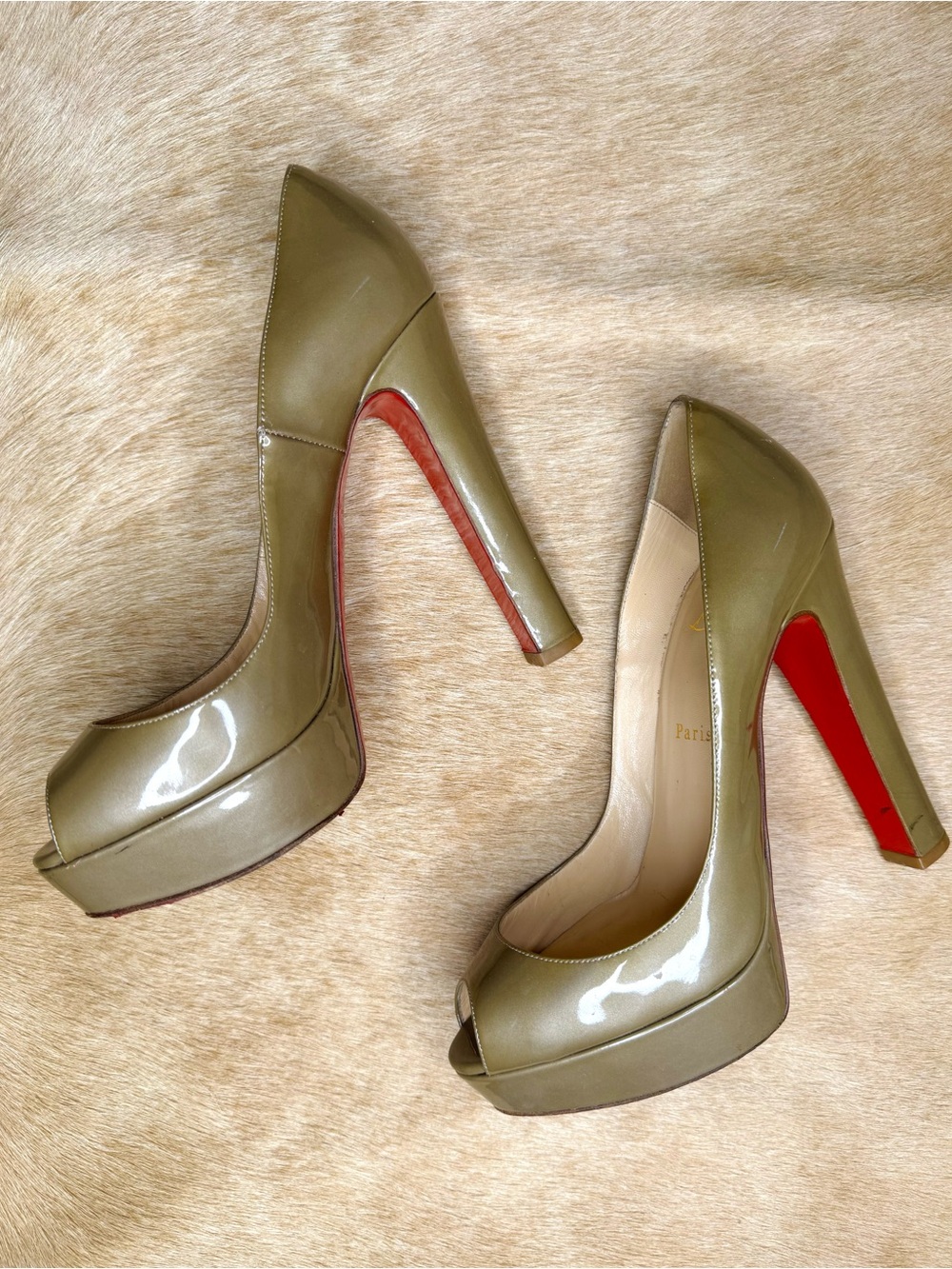 Christian Louboutin | Taupe Patent Peep-Toe Platform Pumps Size 39 1/2
